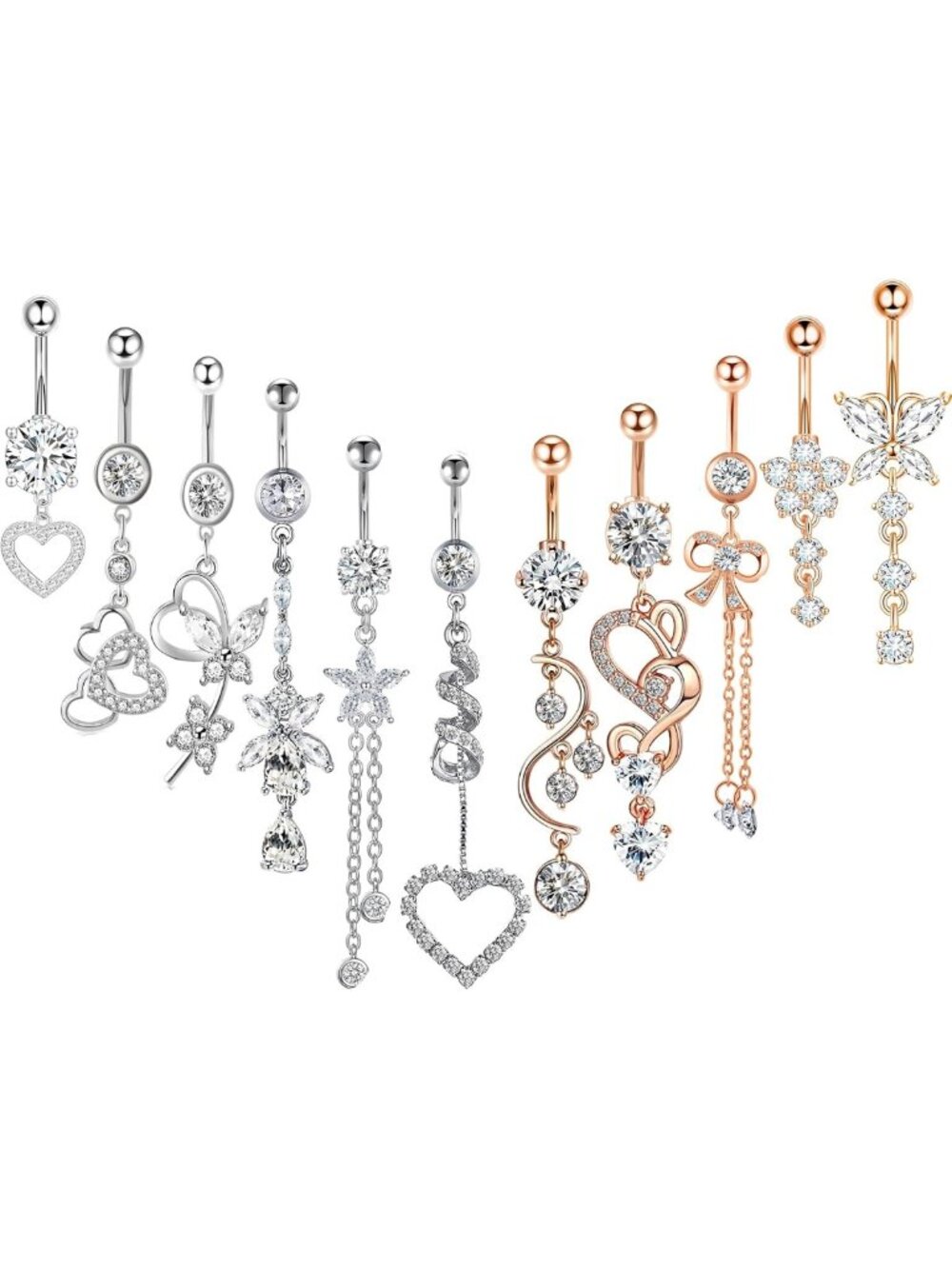 14G Surgical Steel Dangle Belly Button Rings Set - Butterfly, Heart, Flower